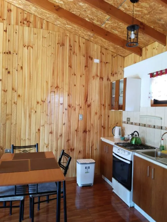 Vista panorámica interior de cabaña Fabi con estufa a leña, TV y dormitorio