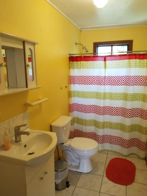 Sala de estar de cabaña con sillones, TV y cortinas amarillas en Fabi